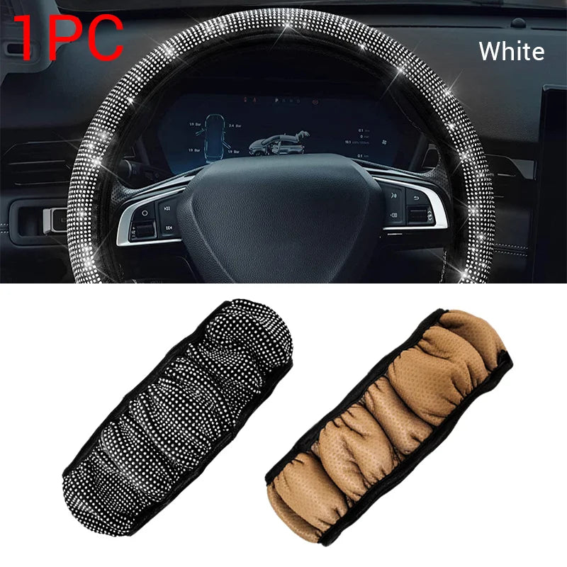New Diamond Leather Steering Wheel Cover with Bling Bling Crystal Rhinestones, Universal Steering Wheel Protector for Women Girl