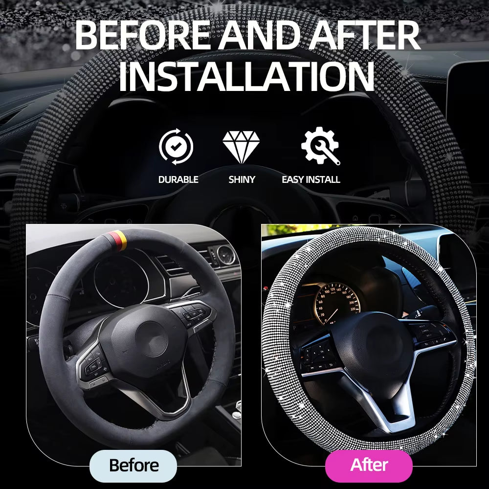 Crystal Car Steering Wheel Cover for Women Girls Cute Glitter Steer Wheel Cover Bling Rhinestone Diamond Car Steering Protection