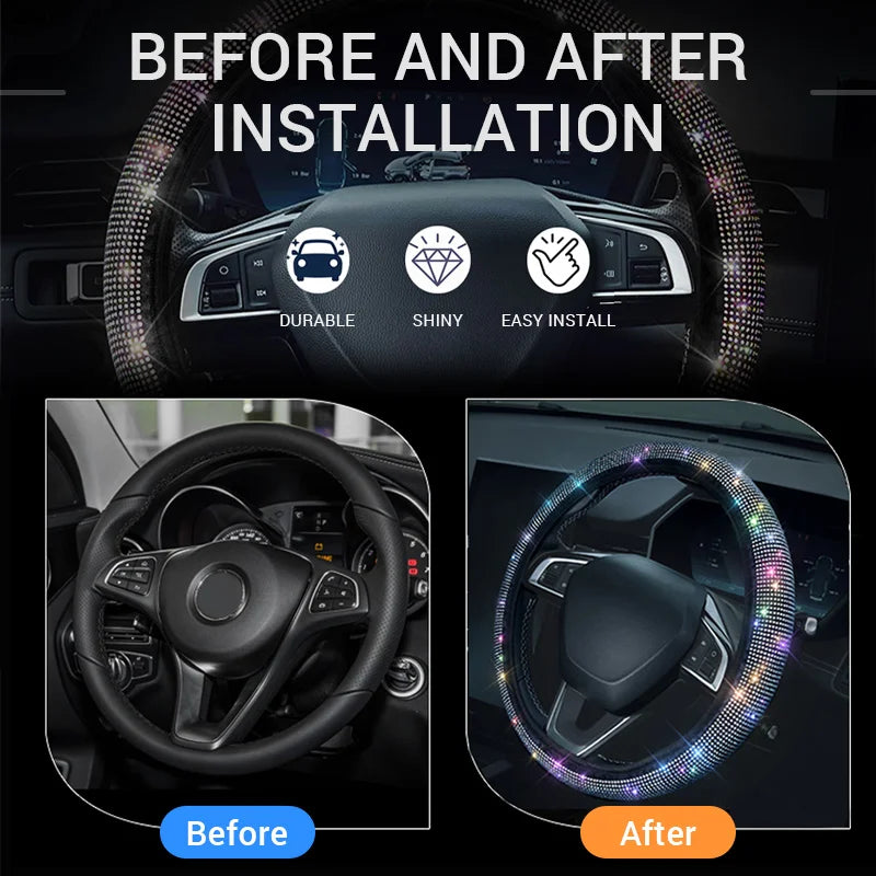 New Diamond Leather Steering Wheel Cover with Bling Bling Crystal Rhinestones, Universal Steering Wheel Protector for Women Girl
