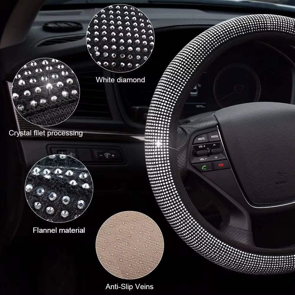 Crystal Car Steering Wheel Cover for Women Girls Cute Glitter Steer Wheel Cover Bling Rhinestone Diamond Car Steering Protection