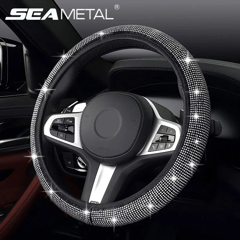New Diamond Leather Steering Wheel Cover with Bling Bling Crystal Rhinestones, Universal Steering Wheel Protector for Women Girl