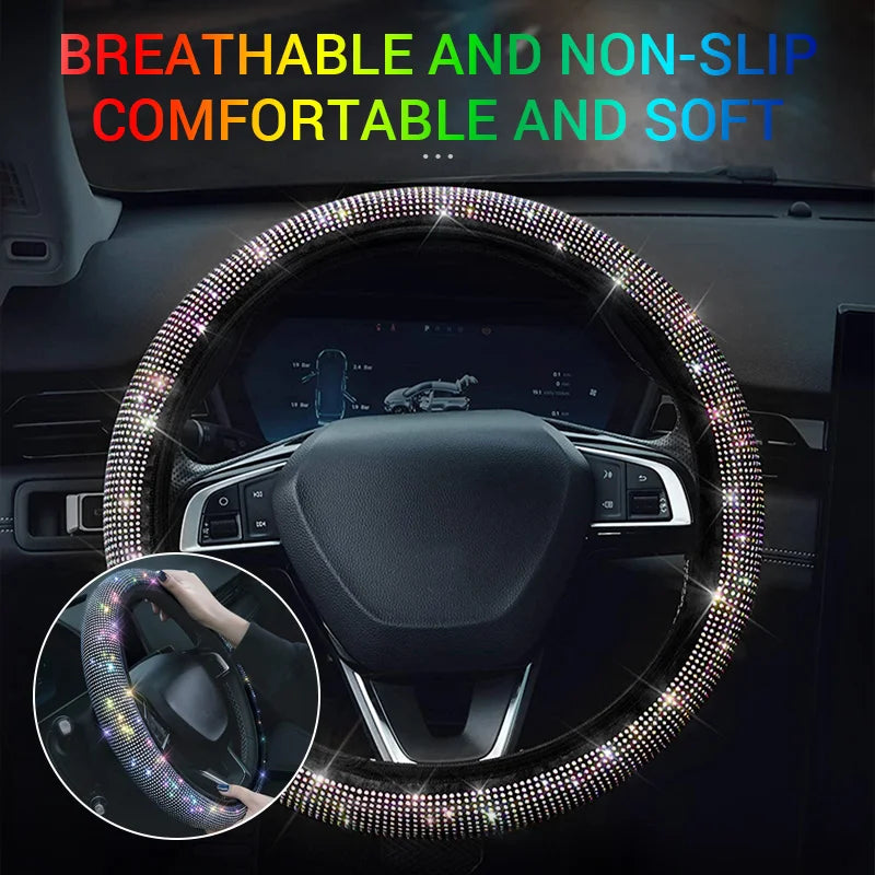 New Diamond Leather Steering Wheel Cover with Bling Bling Crystal Rhinestones, Universal Steering Wheel Protector for Women Girl