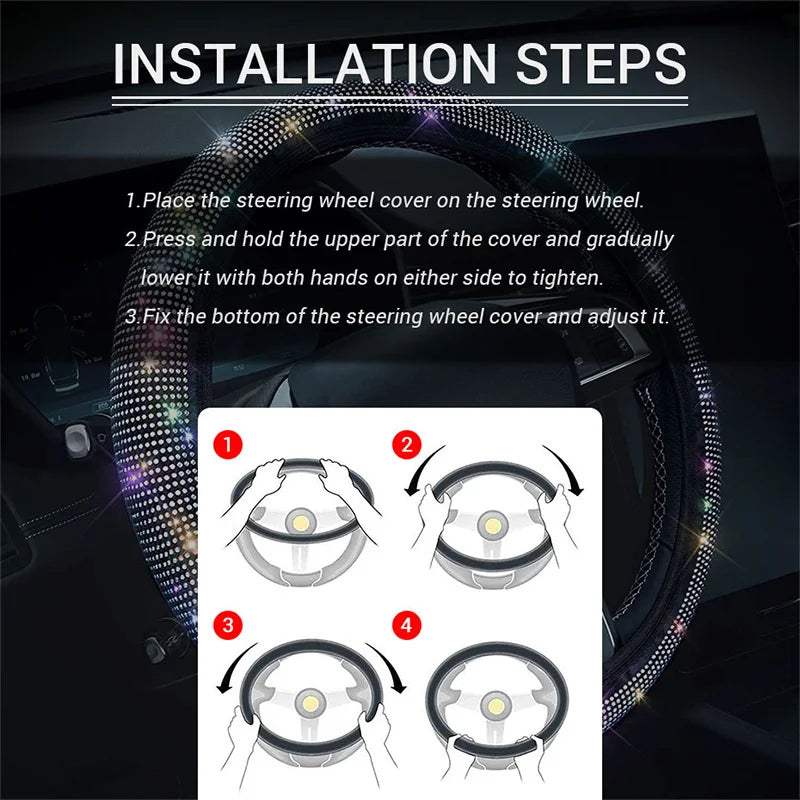 New Diamond Leather Steering Wheel Cover with Bling Bling Crystal Rhinestones, Universal Steering Wheel Protector for Women Girl