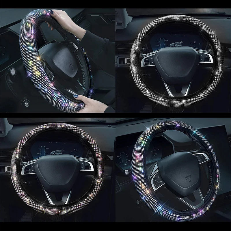 New Diamond Leather Steering Wheel Cover with Bling Bling Crystal Rhinestones, Universal Steering Wheel Protector for Women Girl