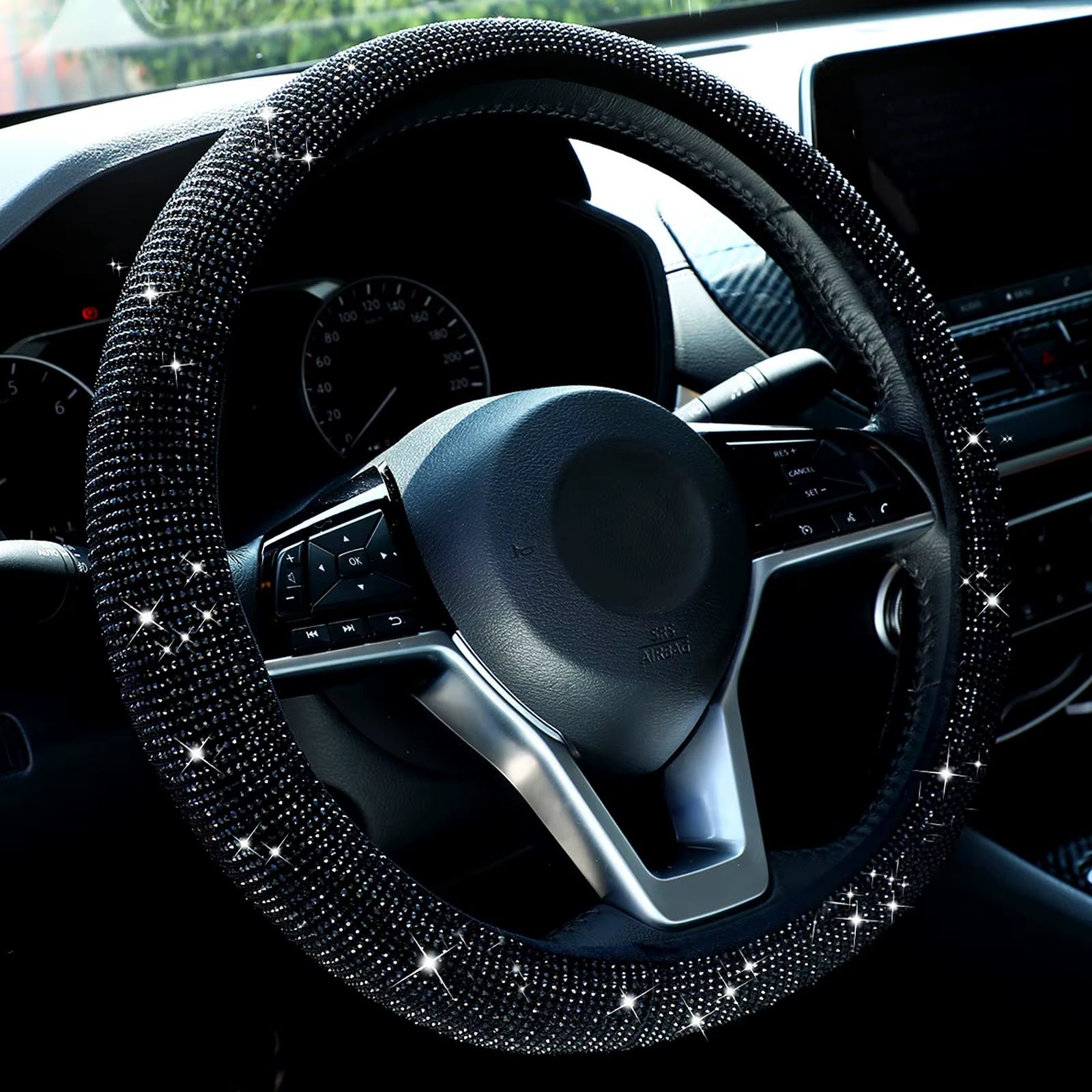 Crystal Car Steering Wheel Cover for Women Girls Cute Glitter Steer Wheel Cover Bling Rhinestone Diamond Car Steering Protection