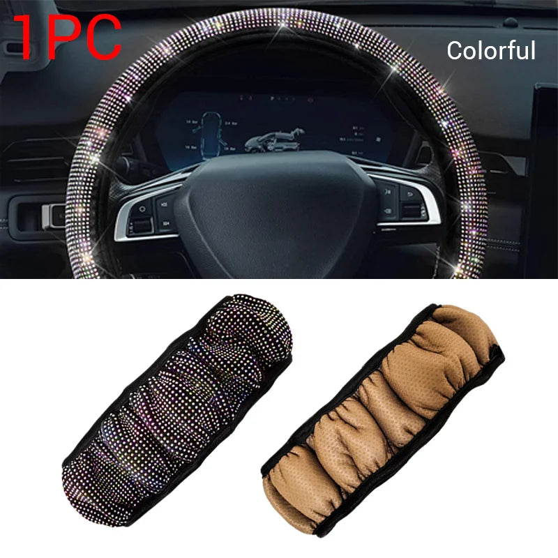 New Diamond Leather Steering Wheel Cover with Bling Bling Crystal Rhinestones, Universal Steering Wheel Protector for Women Girl