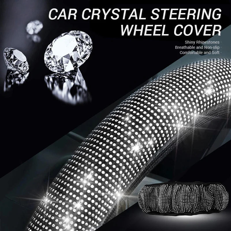 New Diamond Leather Steering Wheel Cover with Bling Bling Crystal Rhinestones, Universal Steering Wheel Protector for Women Girl